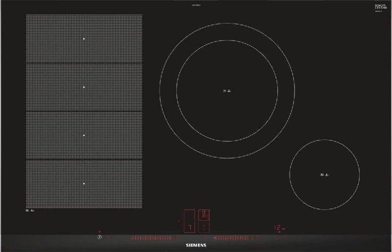 Placa de inducción negra con tres zonas de cocción y controles táctiles. Marca Siemens en la parte inferior.