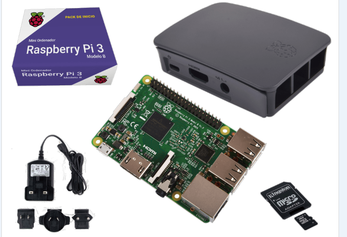 Pack Mini PC - Raspberry Pi 3 Modelo B + MicroSD 8GB + Caja negra y gris + Fuente de alimentación