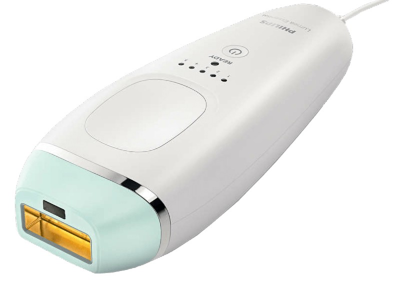 Philips Lumea blanco y verde azulado. Luces de encendido y listo. Abertura láser dorada. Fondo blanco.