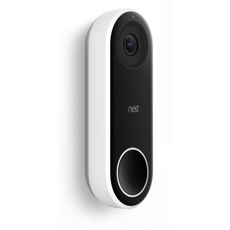Un timbre de video Nest blanco y negro montado en una pared blanca.