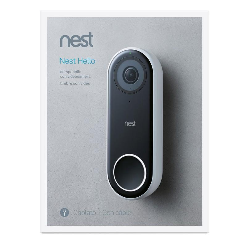 Paquete del timbre Nest Hello. El timbre es blanco y negro, con una lente de cámara.
