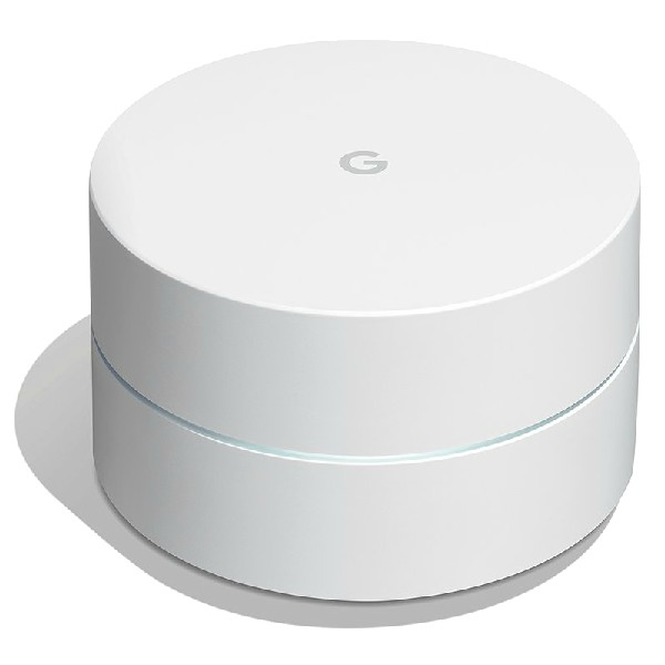 Enrutador Wifi de Google blanco. Tiene una parte superior plana y una forma redonda suave. Sombra debajo.