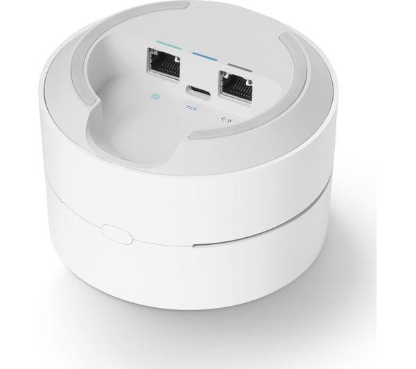 Concentrador doméstico inteligente blanco y gris con puertos y logo.