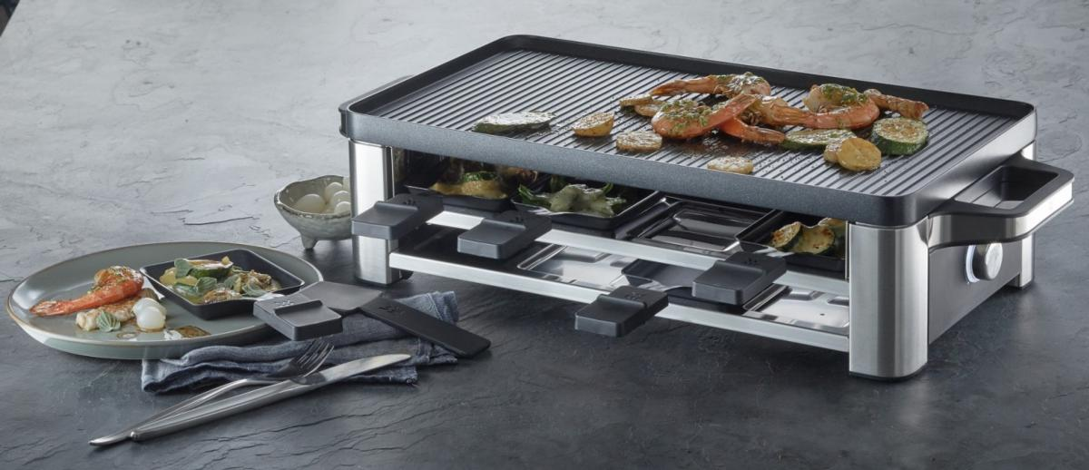Raclette - WMF 0415040011, 1500 W, Para 8 personas, Plancha superior, Temperatura ajustable