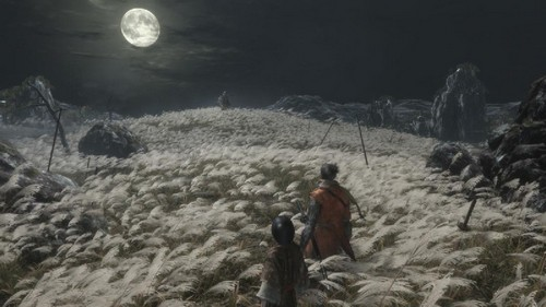 Dos figuras caminando en hierba alta bajo la luna llena en una escena nocturna.