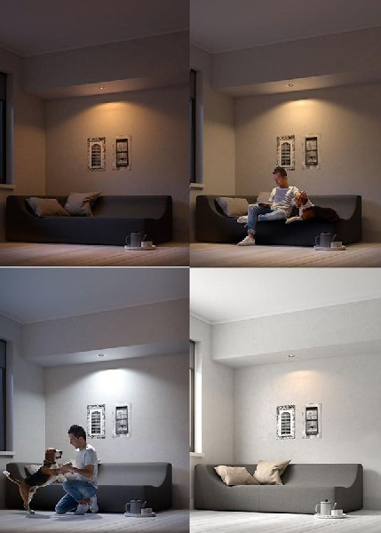 Cuatro imágenes que muestran una habitación con variaciones de iluminación.