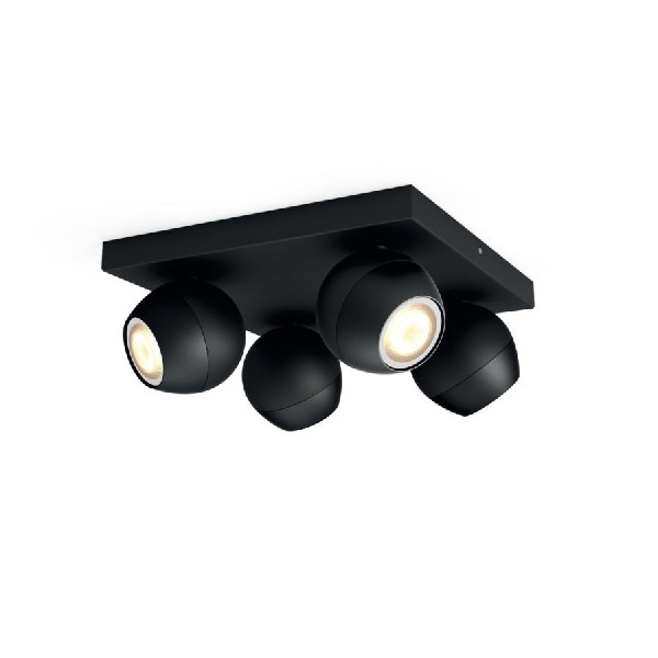 Foco - Philips Hue Buckram, 4 unidades, Inteligentes, LED negros, Con mando, Luz blanca, cálida, fría