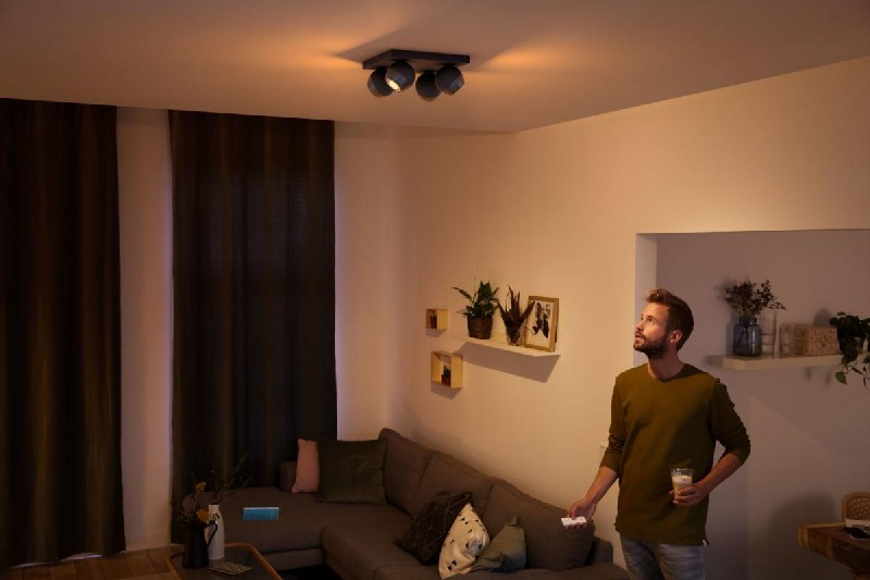 Foco - Philips Hue Buckram, 4 unidades, Inteligentes, LED negros, Con mando, Luz blanca, cálida, fría