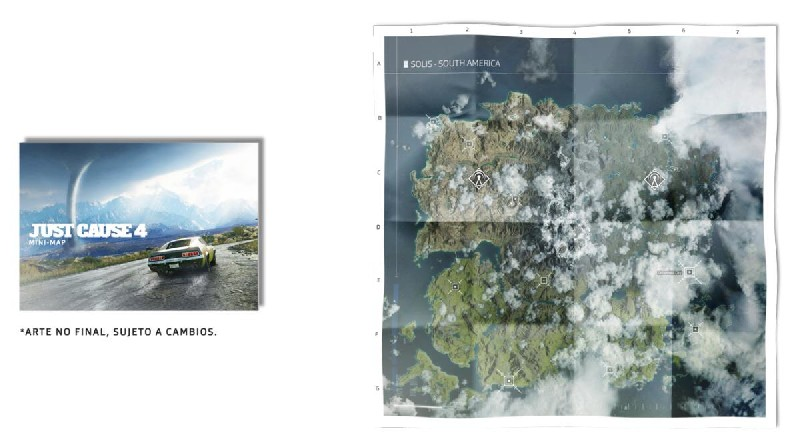 Just Cause 4 minimapa y portada del juego con un coche en una carretera. Mapa muestra una masa de tierra con nubes.