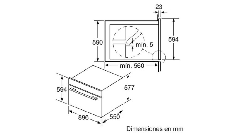 Dibujo técnico de un horno empotrado con dimensiones en milímetros.