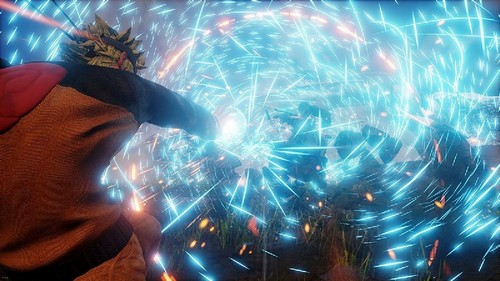 Personaje de anime en acción, usando rayos de energía.