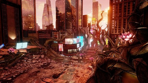 Paisaje urbano futurista con rascacielos, letreros de neón y vegetación exuberante.