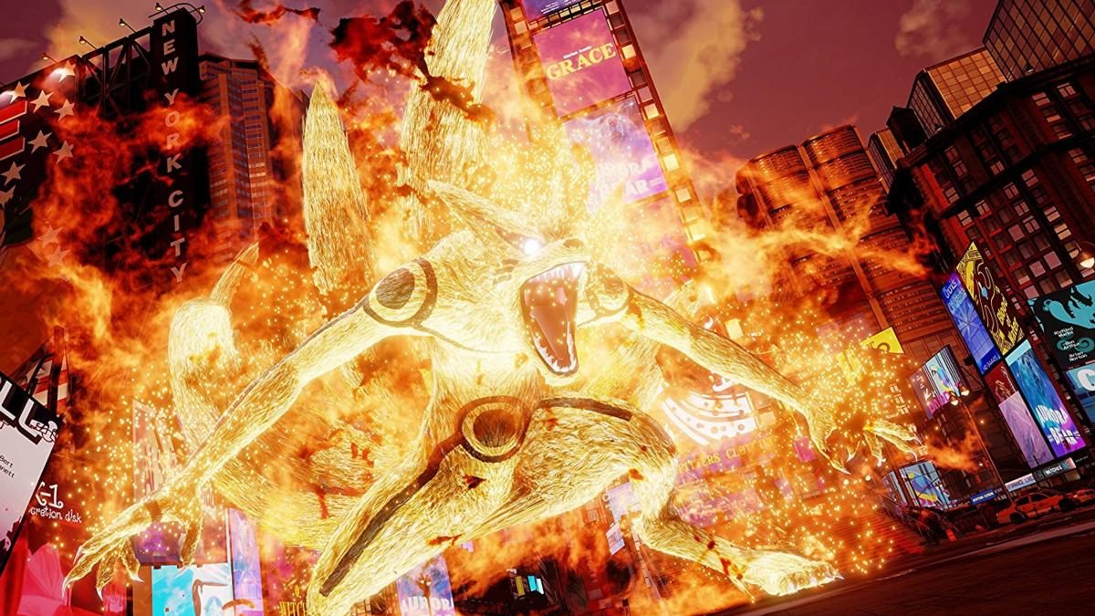 Una criatura de fuego con forma de zorro en un entorno urbano. Edificios y letreros visibles al fondo.