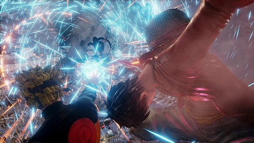 Personajes de anime en pose dinámica, creando una explosión de energía azul. Escena de acción intensa.