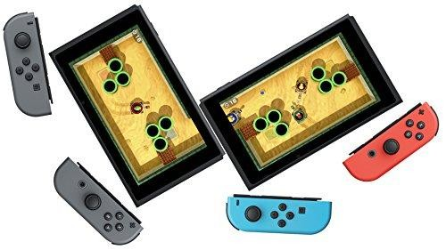 Mandos de Nintendo Switch y dos pantallas mostrando un juego. Varios colores son visibles.