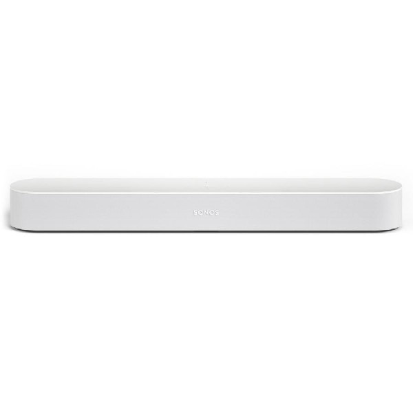Una barra de sonido Sonos blanca con el logotipo de Sonos sobre un fondo blanco.