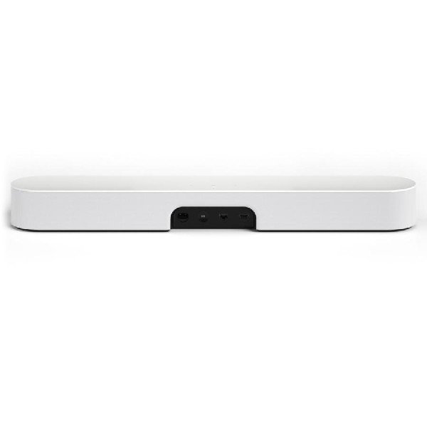 Una barra de sonido blanca. Tiene forma rectangular con un panel trasero negro con puertos.