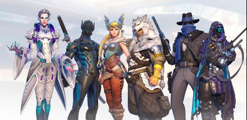 Personajes del juego Overwatch posando juntos. Son diversos en apariencia y vestimenta.