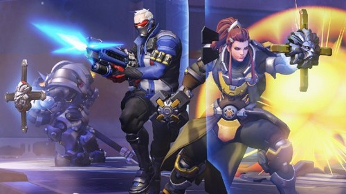 Personajes de Overwatch. Soldier 76, Zarya y Mercy en poses de acción.