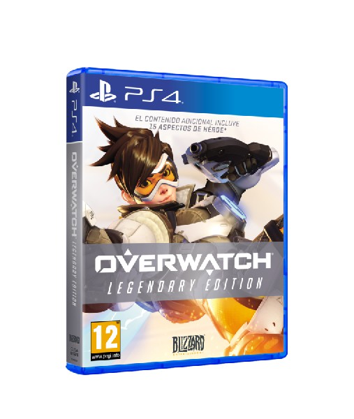 Caja del juego Overwatch Legendary Edition para PS4. Cuenta con una ilustración de personaje y el logo de Blizzard.