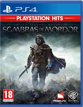 Caja de juego PS4. Portada de La Tierra Media: Sombras de Mordor. Un hombre con espada en el centro.