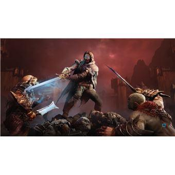 Escena de acción de un juego: un guerrero lucha contra orcos con una espada en un entorno rojo.