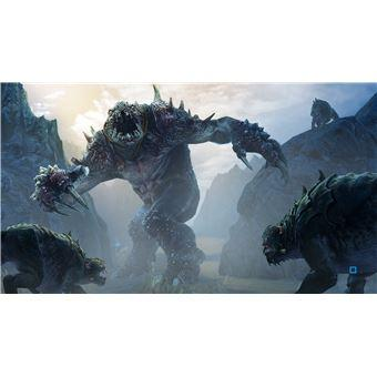 Una escena de acción de un videojuego que muestra monstruos grandes en un paisaje rocoso con otras criaturas.