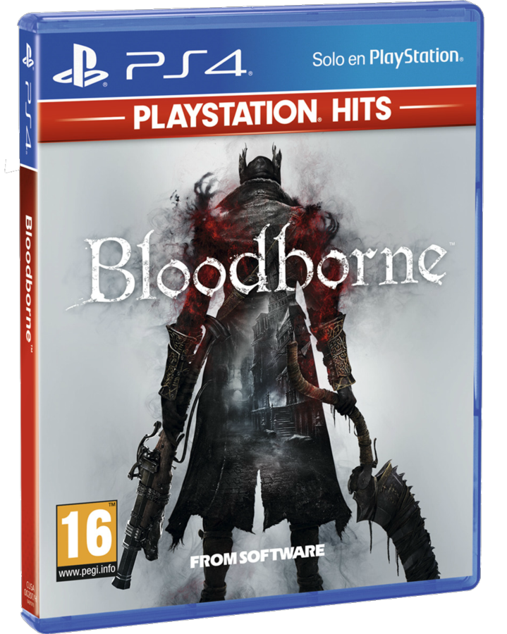 Caja del juego Bloodborne PS4. La portada presenta una figura oscura sosteniendo un arma.