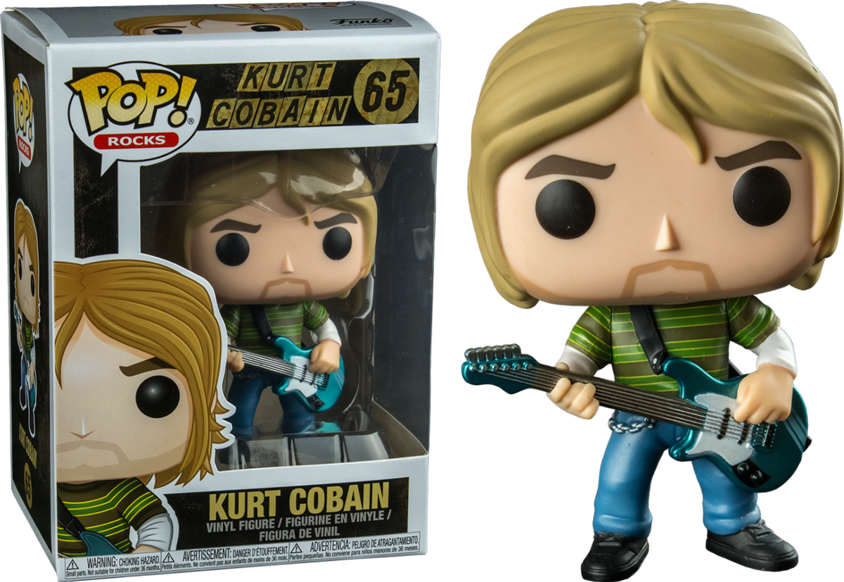 Una figura de Funko Pop de Kurt Cobain en una caja. Es una figura de vinilo que sostiene una guitarra.