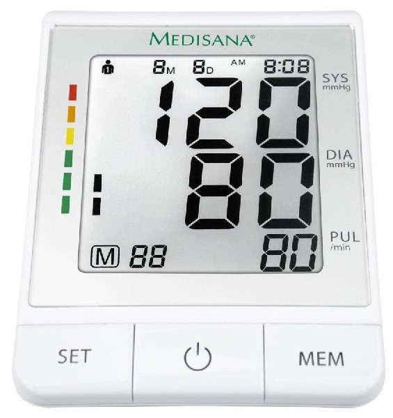 Monitor de presión arterial blanco muestra lecturas: 120/80, pulso 80, con botones 'SET', encendido, 'MEM'.