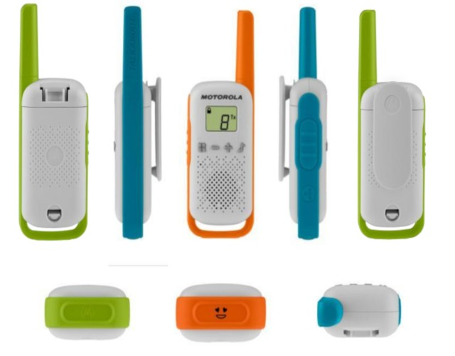 Múltiples vistas de walkie-talkies Motorola coloridos. Los walkie-talkies tienen detalles azules, naranjas y verdes.