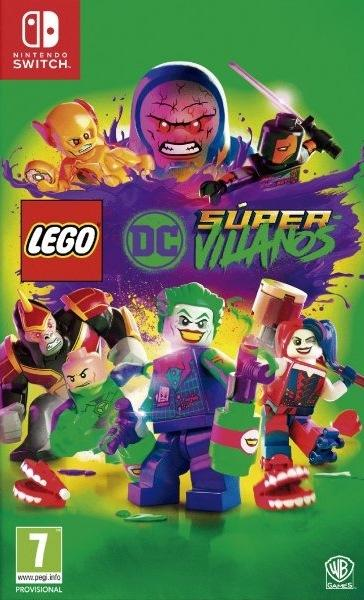 Portada del juego Lego DC Super Villains con varias figuras de Lego, fondo verde.