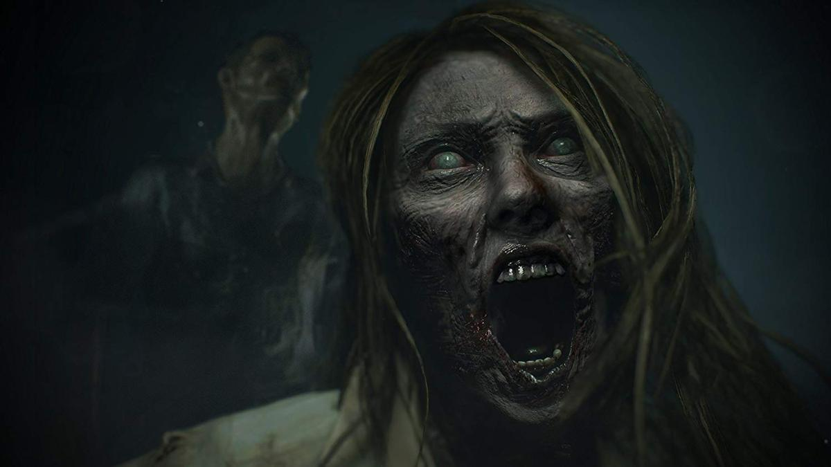 Un zombi con la boca abierta mira fijamente. Otro zombi borroso está en el fondo. Ambos tienen piel pálida y bocas sangrientas.