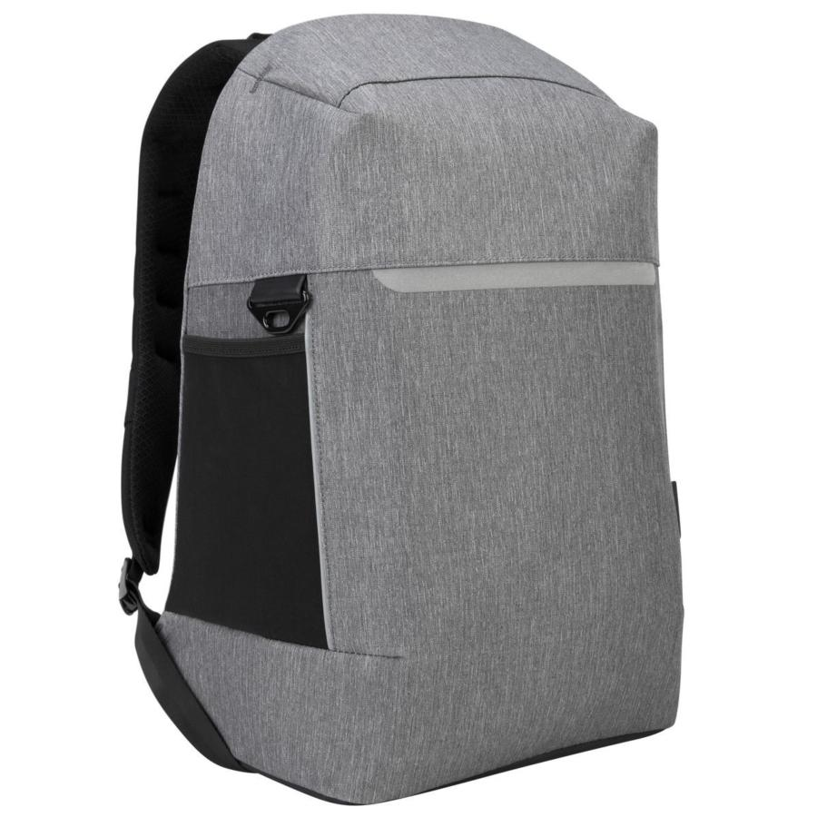Mochila gris con detalles negros. Contiene un bolsillo y correas negras.