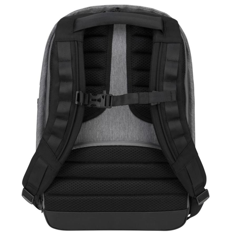 Una mochila gris con correas y acolchado negro, vista desde atrás.