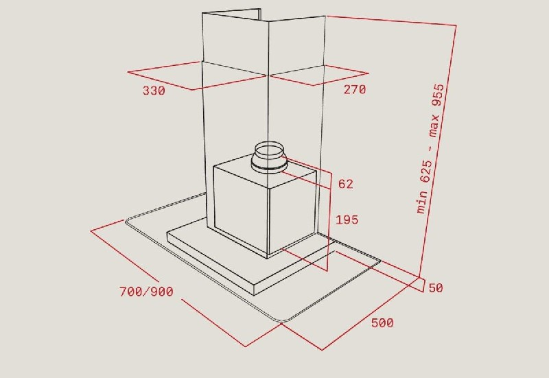 Dibujo técnico de una campana de cocina con dimensiones en rojo. Fondo gris.