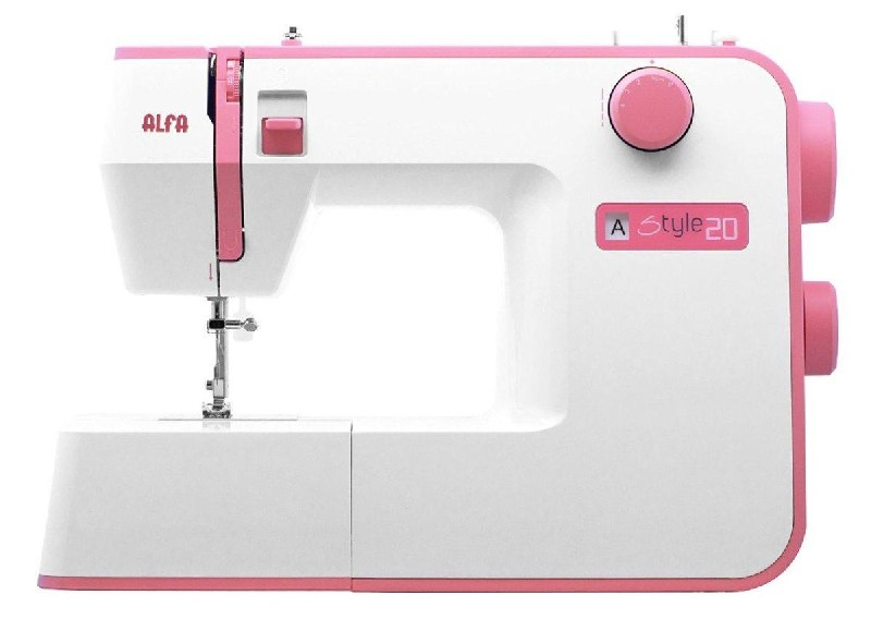 Una máquina de coser rosa y blanca con la marca ALFA.