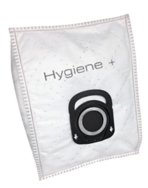 Bolsa de aspiradora blanca con la palabra Hygiene+ y un conector de plástico negro.