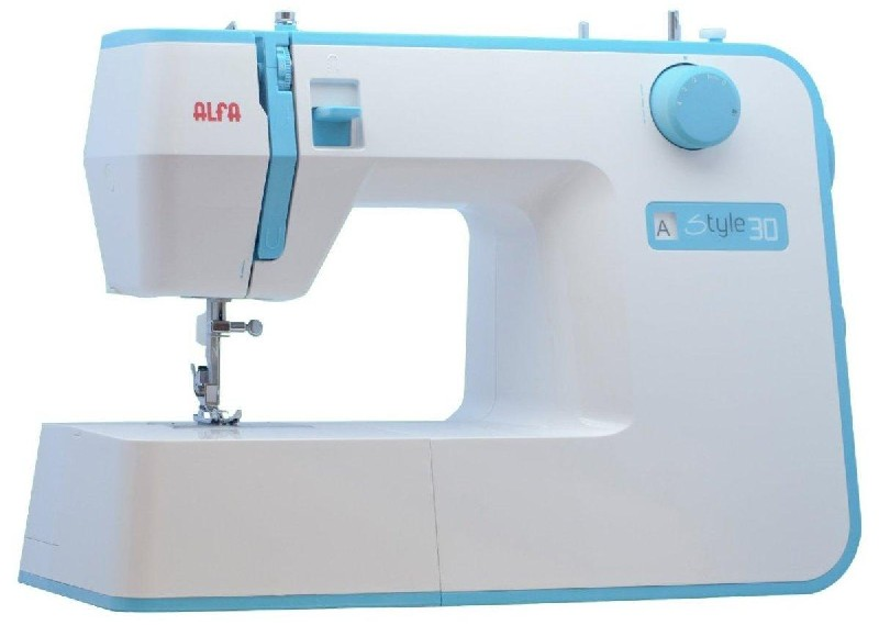 Máquina de coser blanca y celeste. La marca es Alfa. Tiene un panel de control celeste en el lateral.
