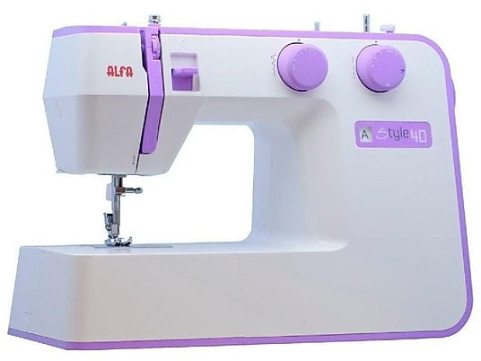 Máquina de coser - Alfa Style 40, 31 Puntadas, Luz LED, 6 filas de dientes, 70W, Blanco y Lila