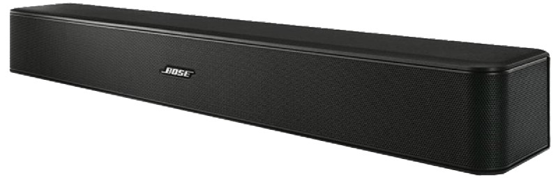 Una barra de sonido Bose negra con el logotipo de Bose sobre un fondo blanco.