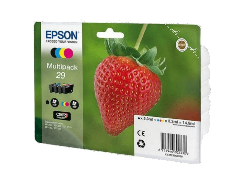 Un multipack de cartuchos de tinta Epson con una fresa sobre un fondo verde.