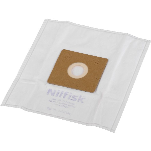 Bolsa de aspiradora blanca con inserto de cartón marrón. La marca 'Nilfisk' es visible.