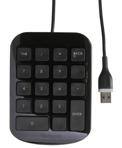 Teclado numérico Targus negro con cable USB y conector USB. Tiene números y teclas de función.