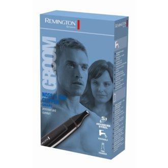 Caja de recortador de vello nasal Remington. Se ven las caras de un hombre y una mujer. El recortador está en primer plano.