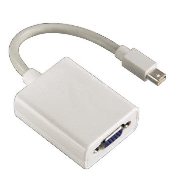 Un adaptador blanco con un cable gris. Tiene un puerto VGA y un conector más pequeño.