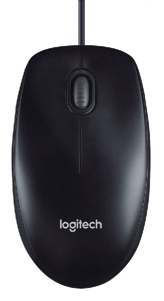 Ratón Logitech negro con rueda de desplazamiento y el logo de Logitech.