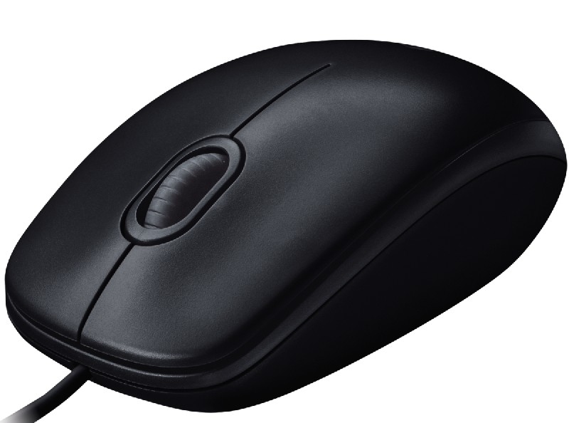 Ratón de ordenador negro con rueda de desplazamiento y dos botones sobre superficie blanca.