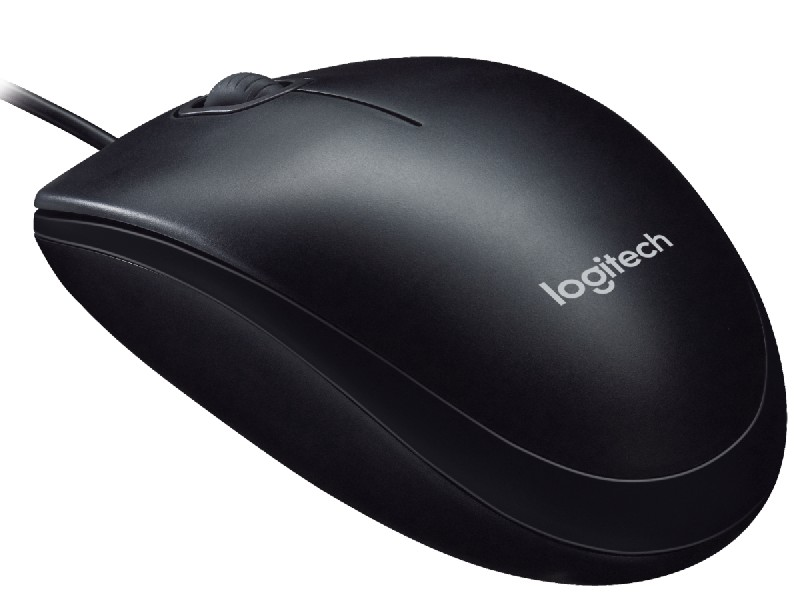 Ratón Logitech negro con cable. El ratón es de tamaño estándar y tiene una rueda de desplazamiento negra.