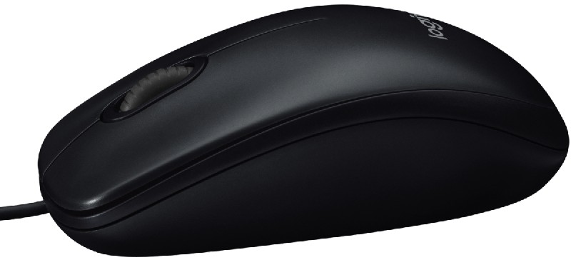 Un ratón Logitech negro con una rueda de desplazamiento y conexión por cable.